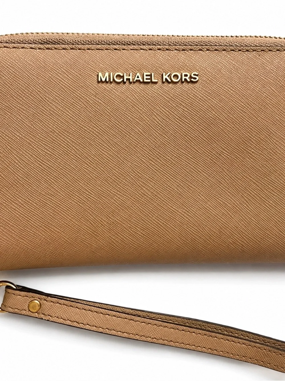 MICHAEL KORS Beige/Tan Saffiano Leather Wristlet with Gold Logo